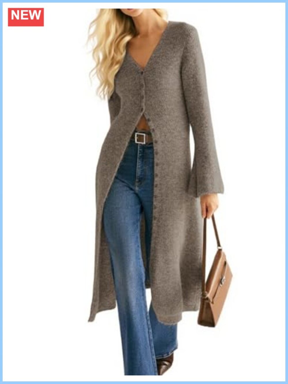 Women's Long Button Down Bell Sleeve Ribbed Knit Midi Sweater Cardigan Dress